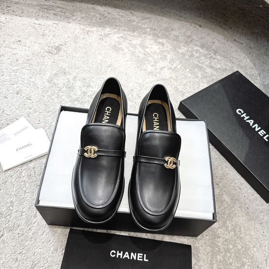 Chanel Rhinestone Buckle Leather Cutout Loafer Sandals