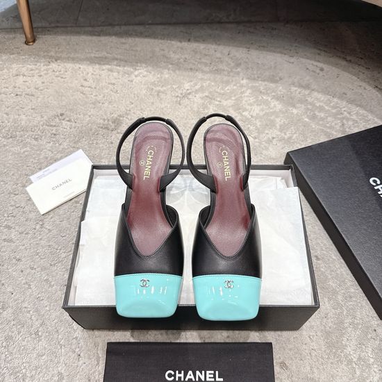 Chanel Color Block Square Toe Low Heel Leather Sandals