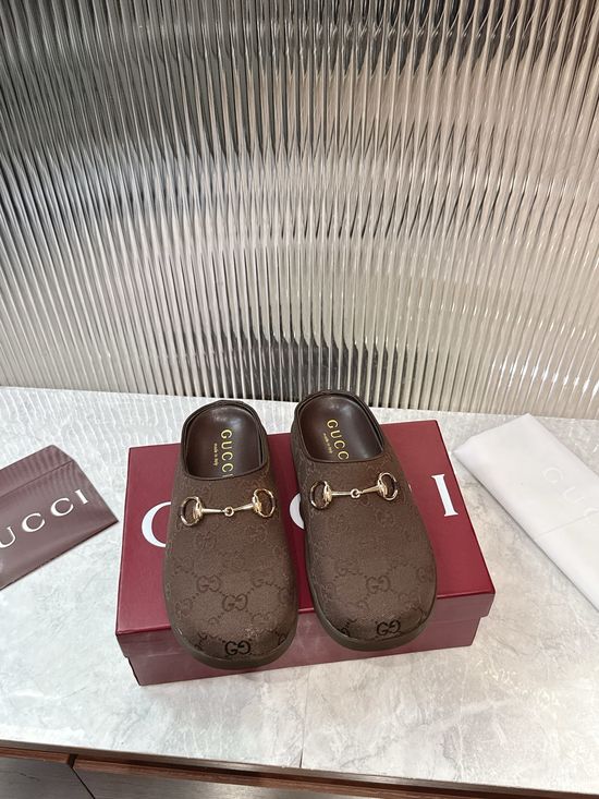 Gucci Denim Slip On Mules With Hardware Accent Flat Sole
