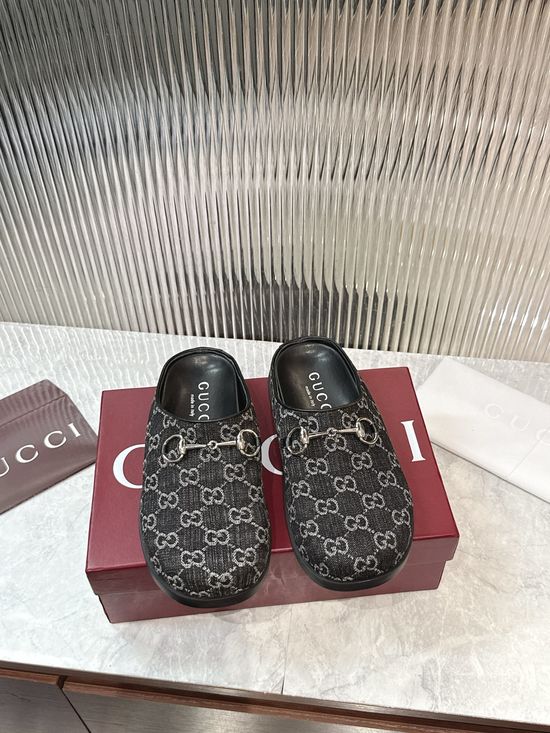Gucci Denim Slip On Mules With Hardware Accent Flat Sole