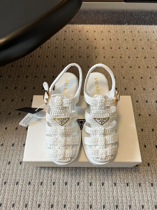 Prada Hand-Woven Chunky Roman Sandals with Metal Logo