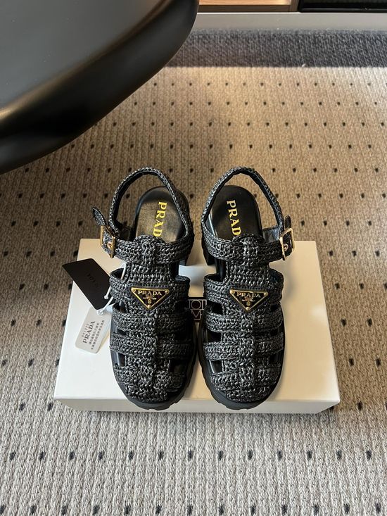 Prada Hand-Woven Chunky Roman Sandals with Metal Logo