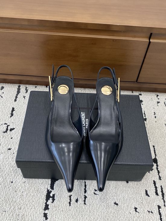 Yves Saint Laurent Pointed Toe Chain Detail Kitten Heel Mule Sandals