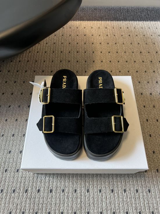 Prada Double Buckle Platform Slide Sandals Soft Cushioned Sole