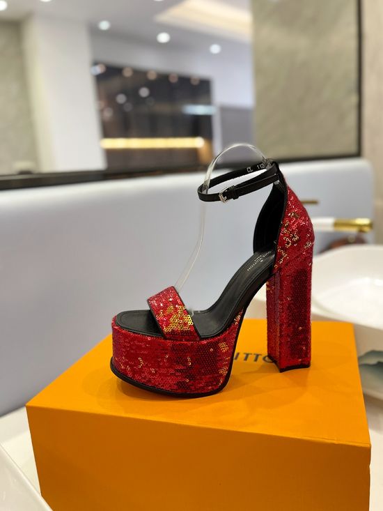 Louis Vuitton Sparkling Sequined High Heel Sandals Comfortable Lining