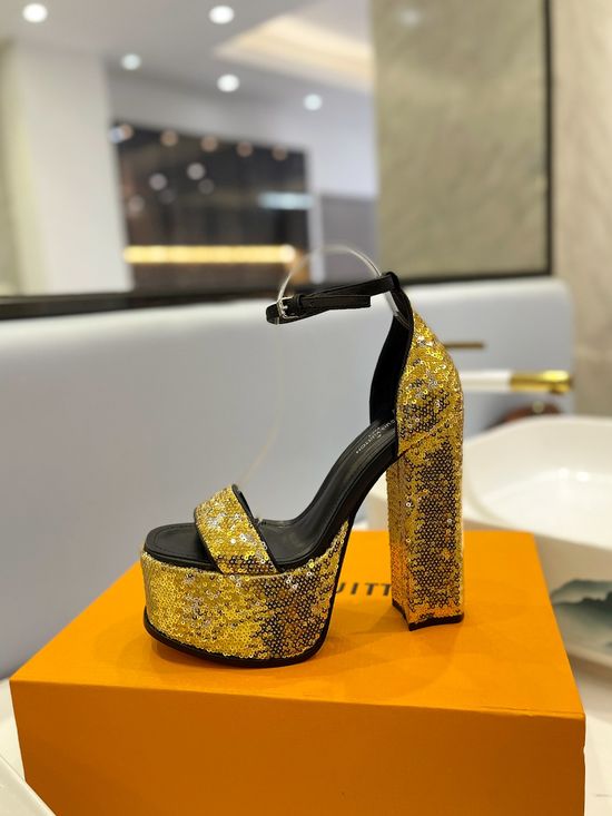 Louis Vuitton Sparkling Sequined High Heel Sandals Comfortable Lining
