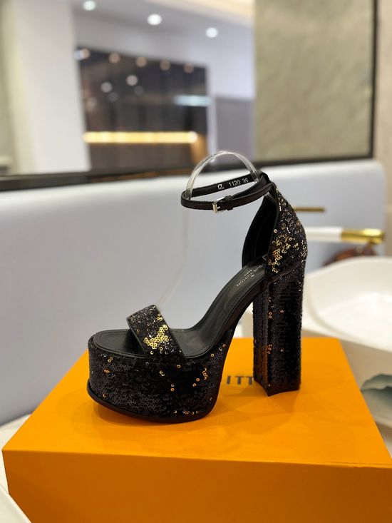 Louis Vuitton Sparkling Sequined High Heel Sandals Comfortable Lining
