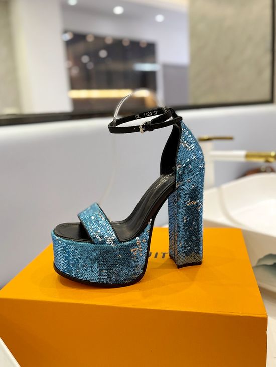 Louis Vuitton Sparkling Sequined High Heel Sandals Comfortable Lining