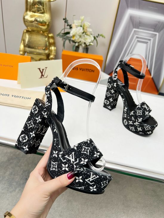 Louis Vuitton Rhinestone Buckle Platform Heels Premium Denim Leather Upper Soft Insole