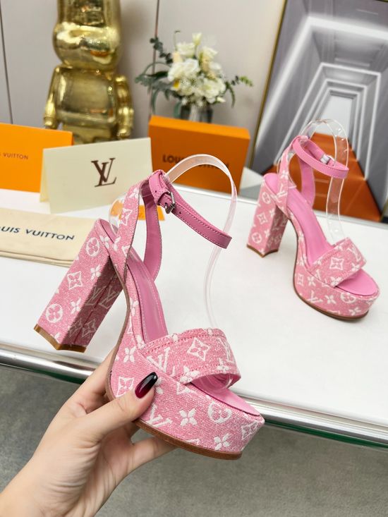 Louis Vuitton Rhinestone Buckle Platform Heels Premium Denim Leather Upper Soft Insole