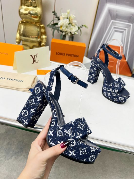 Louis Vuitton Rhinestone Buckle Platform Heels Premium Denim Leather Upper Soft Insole