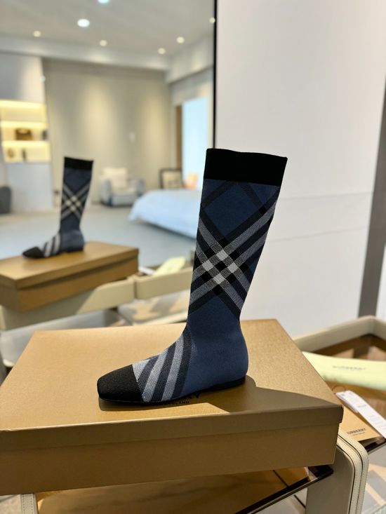 Burberry Plaid Stretch Knit Low Heel Knee High Boots