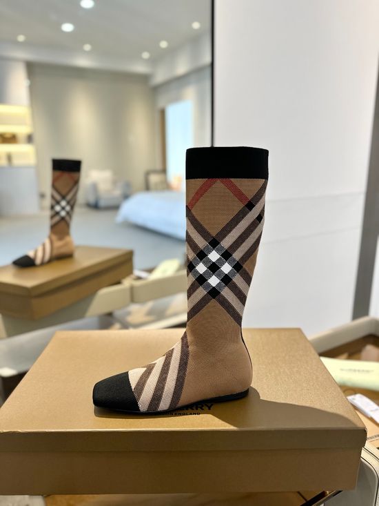Burberry Plaid Stretch Knit Low Heel Knee High Boots