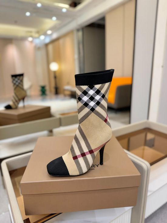 Burberry Plaid Stretch Knit Stiletto Knee High Boots