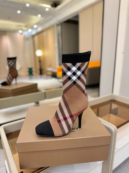 Burberry Plaid Stretch Knit Stiletto Knee High Boots