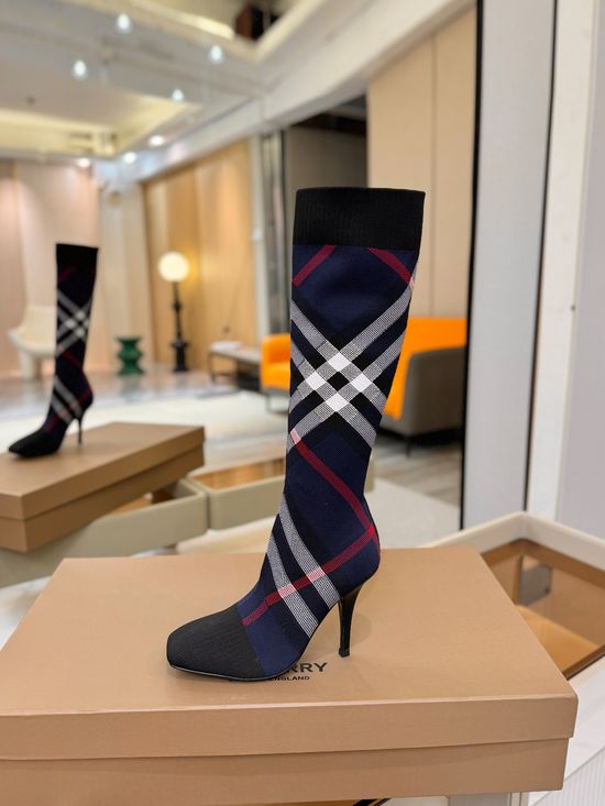 Burberry Square Toe Block Heel Plaid Stretch Knit Knee High Boots