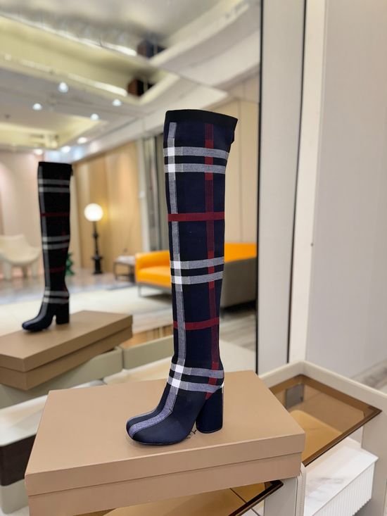Burberry Round Toe Block Heel Plaid Stretch Knit Knee High Boots