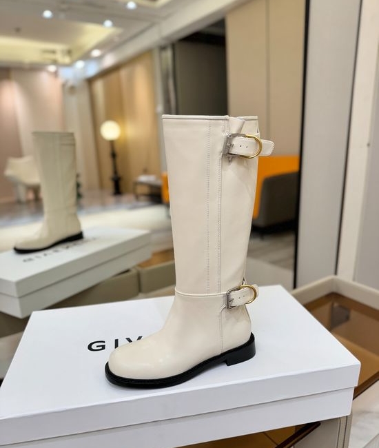 Givenchy Low Heel Genuine Leather Knee High Boots With Buckle