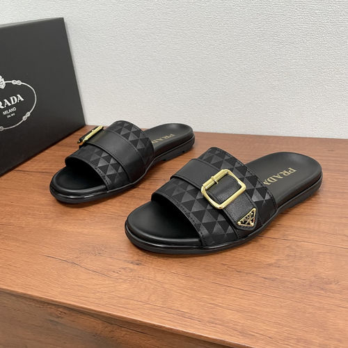 Prada Symbole Leather Buckle Slides Black Leather Fabric