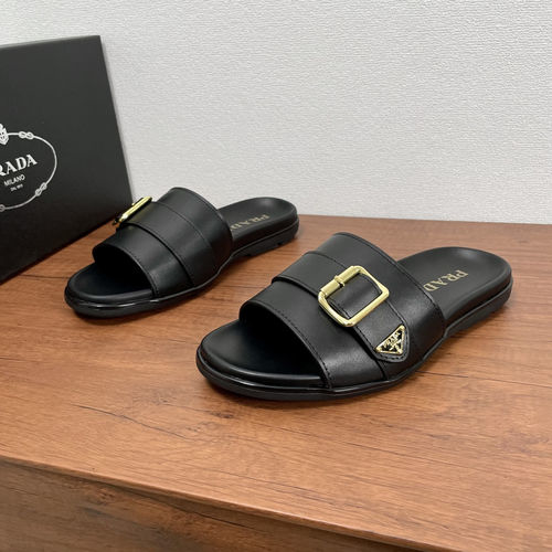 Prada Symbole Leather Buckle Slides Black Cowhide