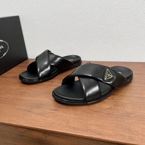 Prada Cross-Strap Leather Slides Black