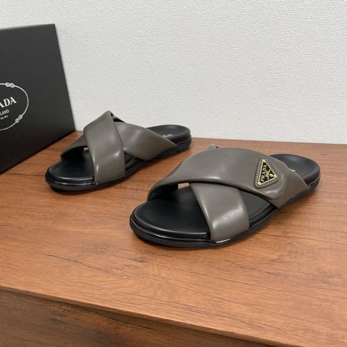 Prada Cross-Strap Leather Slides Gray