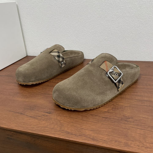 Burberry Olive Green Urchin Plaid Leather Slides