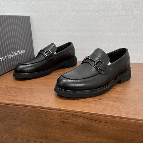 Zegna Black Leather Loafers With Metal Buckle