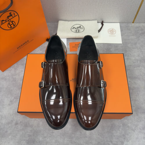 Hermes Double Buckle Leather Monk Shoes