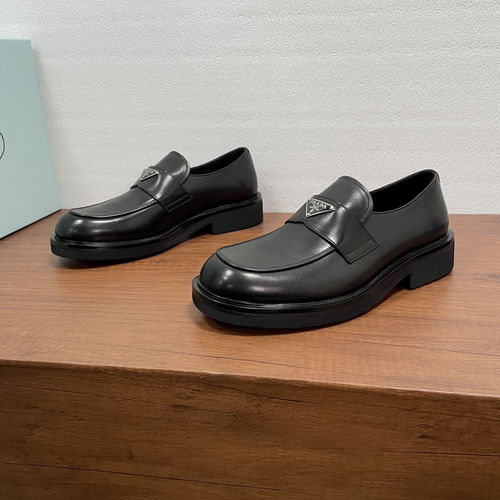Prada Triangular Logo Black Cow Leather Loafers