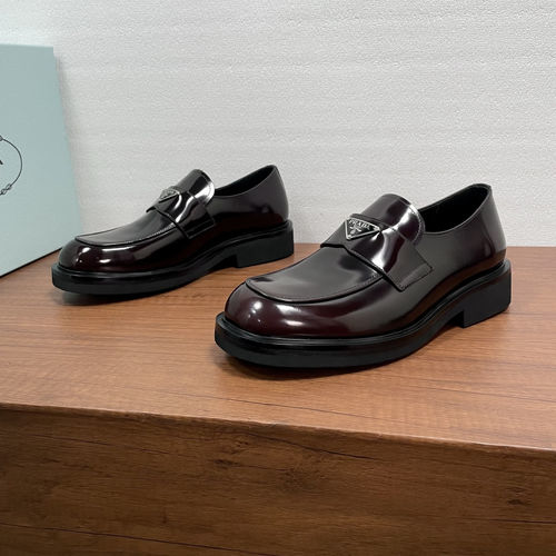 Prada Triangular Logo Brown Polished Leather Loafers