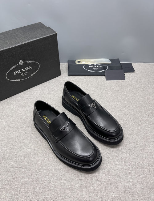 Prada Triangle Metal Logo Derby Shoes With Thick Soles