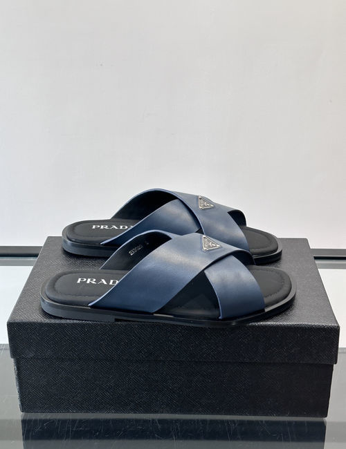 Prada Cross-strap Slides With Metal Logo