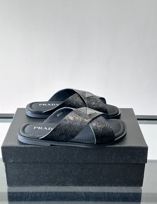 Prada Cross-strap Slides With Metal Logo