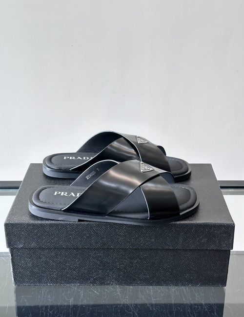 Prada Cross-strap Slides With Metal Logo