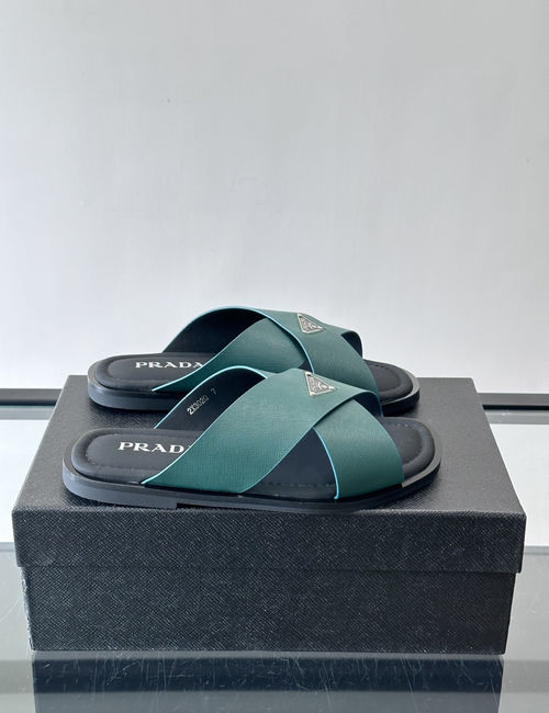 Prada Cross-strap Slides With Metal Logo