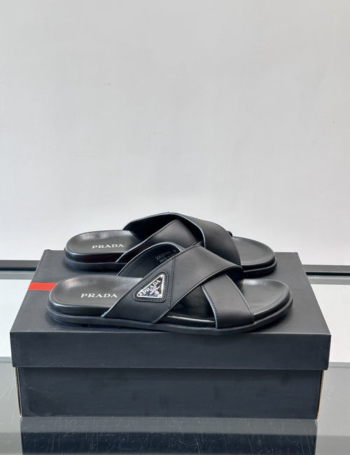 Prada Cross Strap Leather Slides