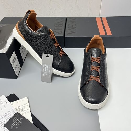 Zegna Triple Stitch Low-Top Sneakers In Black And Red Brown