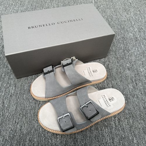 Brunello Cucinelli BC Suede Slides With Adjustable Buckle And Rubber Sole