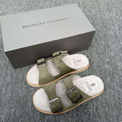 Brunello Cucinelli BC Suede Slides With Adjustable Buckle And Rubber Sole