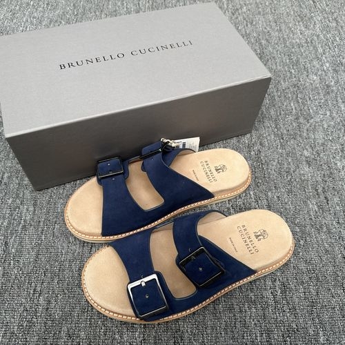 Brunello Cucinelli BC Suede Slides With Adjustable Buckle And Rubber Sole