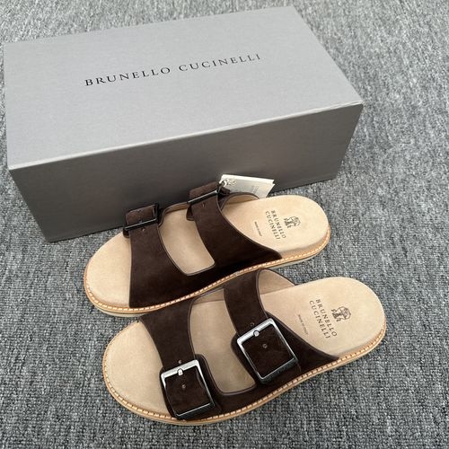 Brunello Cucinelli BC Suede Slide Sandals With Adjustable Buckle