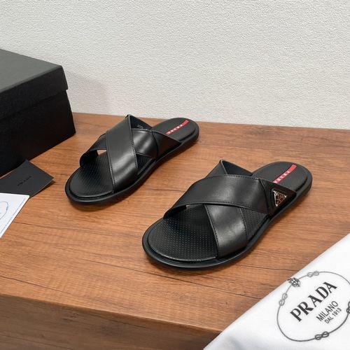 Prada Cross-strap Calfskin Leather Slides