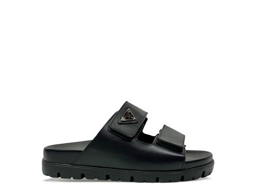Prada Leather Slide Sandals With Magic Tape