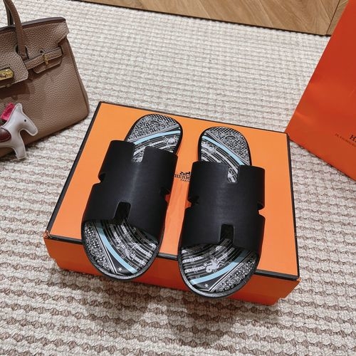 Hermes Black Genuine Leather Slides Sheepskin Lining Leather Outsole