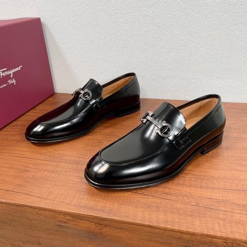 Ferragamo Leather Slip On Loafers With Metal Accent
