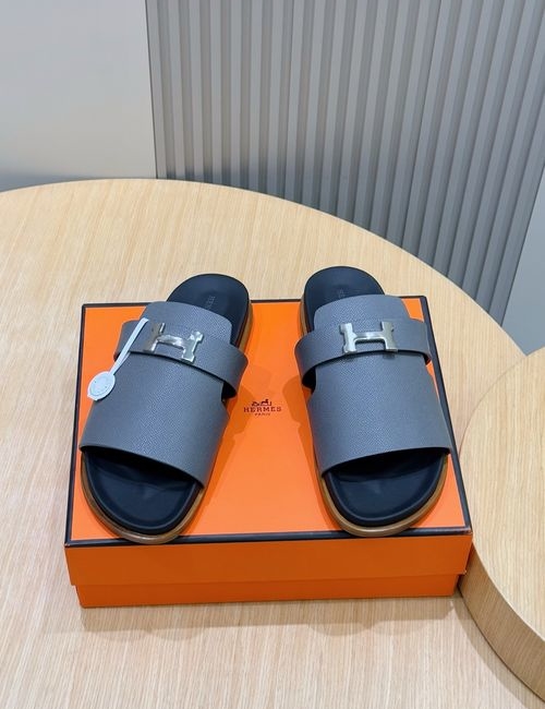 Hermes Classic Leather Sole Slippers With Metal Buckle