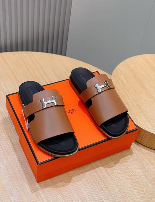 Hermes Classic Leather Sole Slippers With Metal Buckle