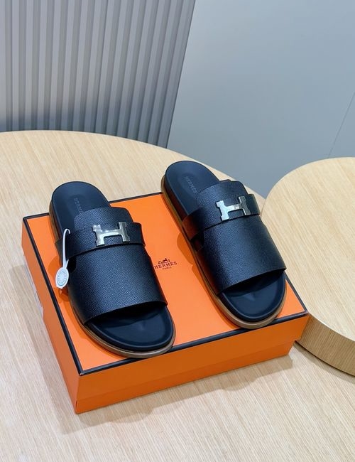 Hermes Classic Leather Sole Slippers With Metal Buckle
