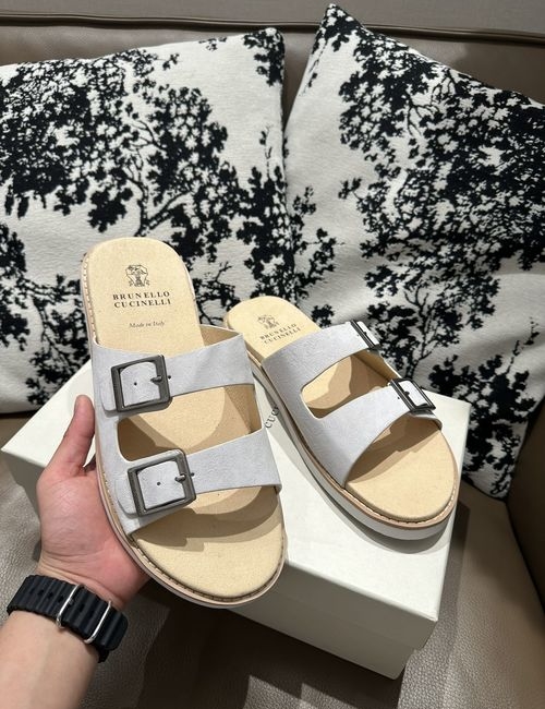 Brunello Cucinelli BC Full-grain Leather Slides With Dual Buckles